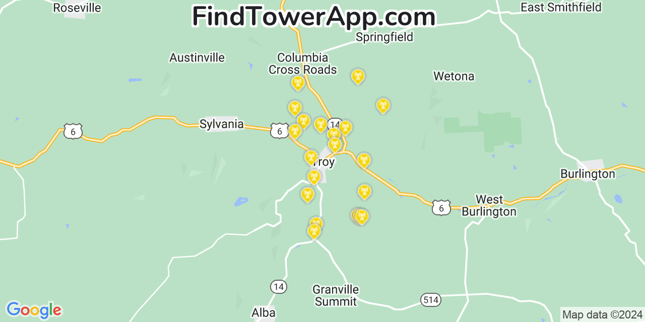 AT&T 4G/5G cell tower coverage map Troy, Pennsylvania