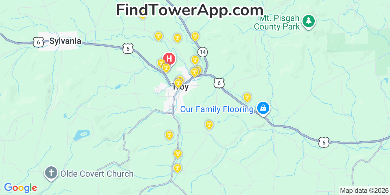 Map showing the 20 primary cell tower locations detected in Troy, Pennsylvania from AT&T, Verizon, and T-Mobile networks