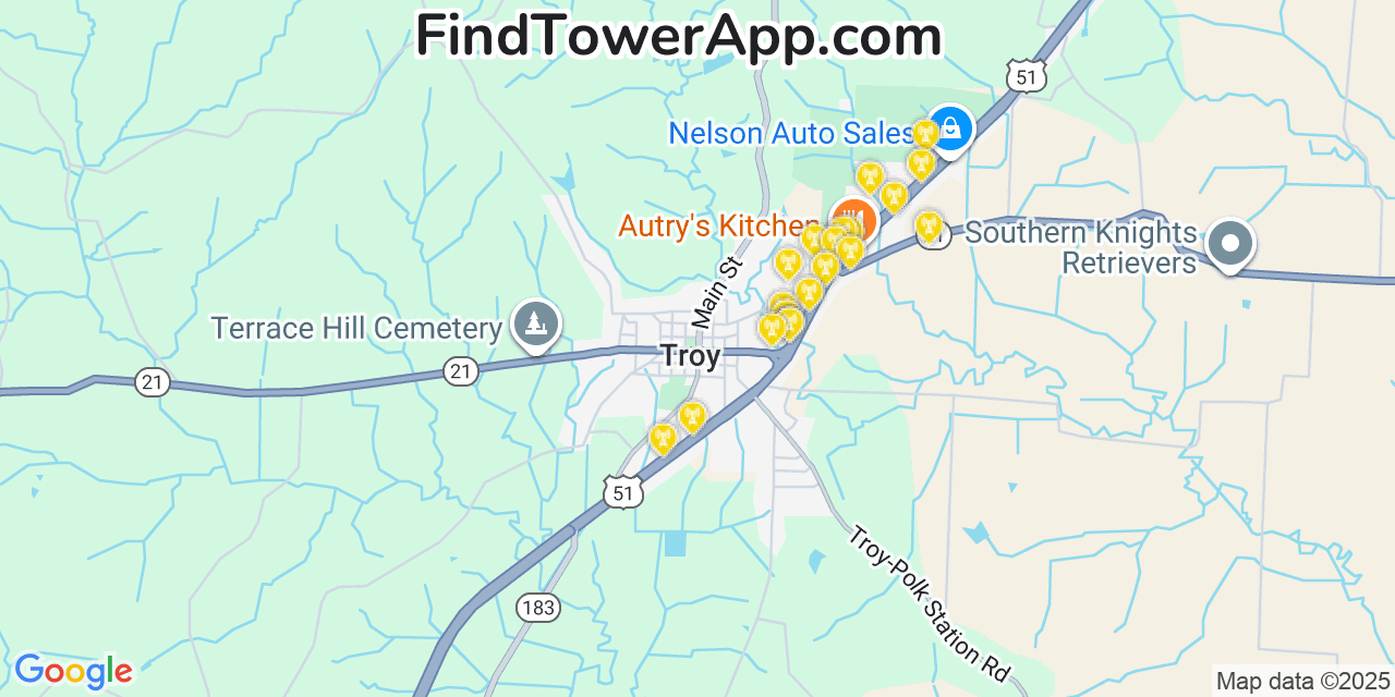 Map showing the 20 primary cell tower locations detected in Troy, Tennessee from AT&T, Verizon, and T-Mobile networks
