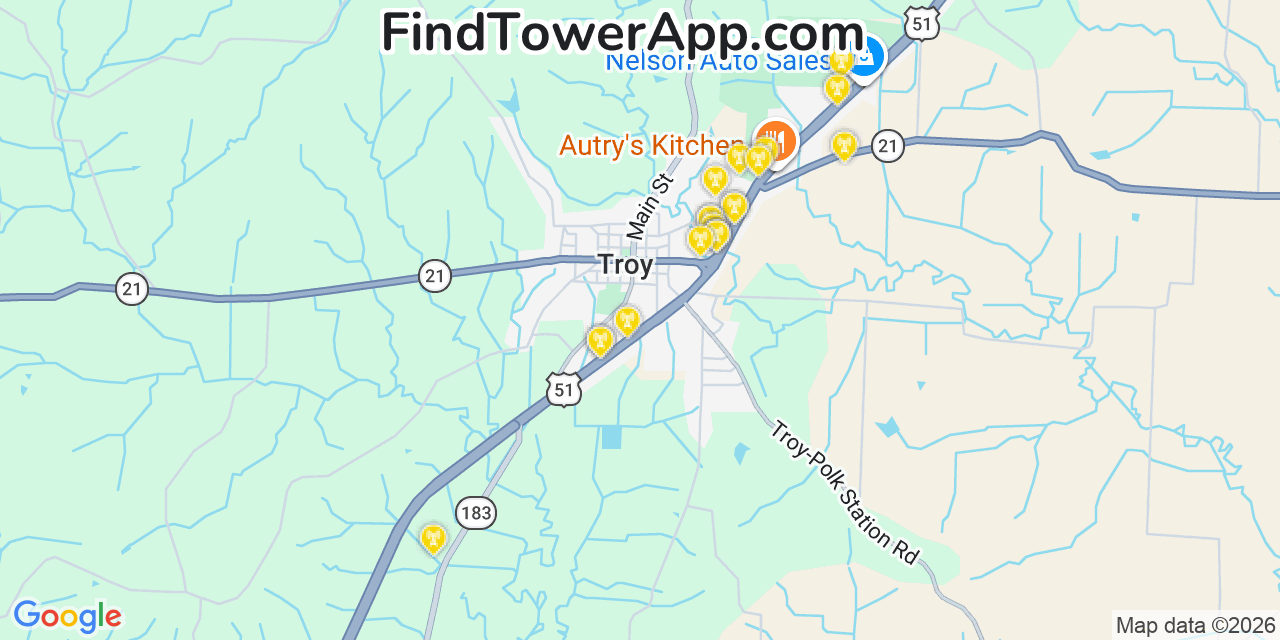 Map showing the 20 primary cell tower locations detected in Troy, Tennessee from AT&T, Verizon, and T-Mobile networks