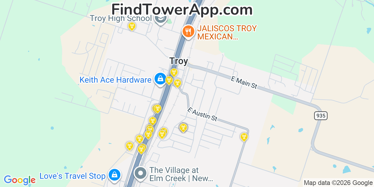 Map showing the 20 primary cell tower locations detected in Troy, Texas from AT&T, Verizon, and T-Mobile networks