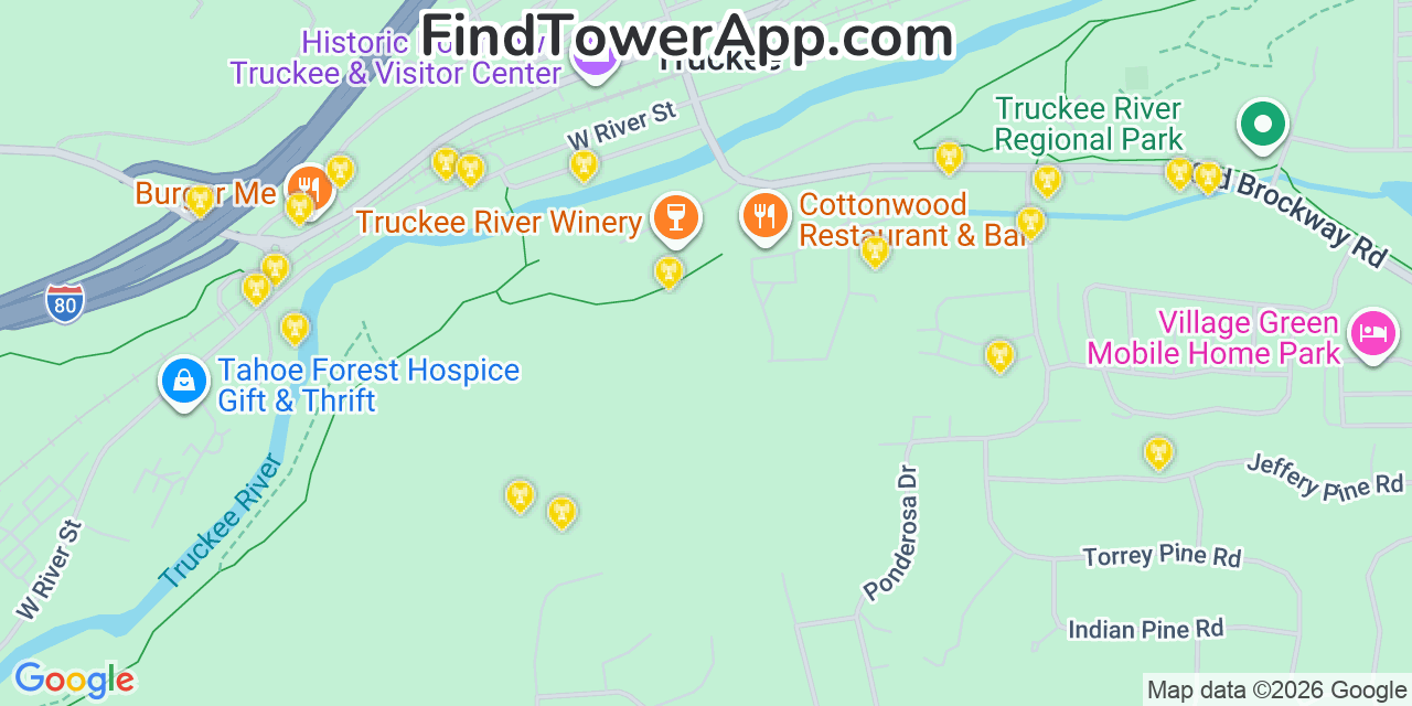 Map showing the 20 primary cell tower locations detected in Truckee, California from AT&T, Verizon, and T-Mobile networks