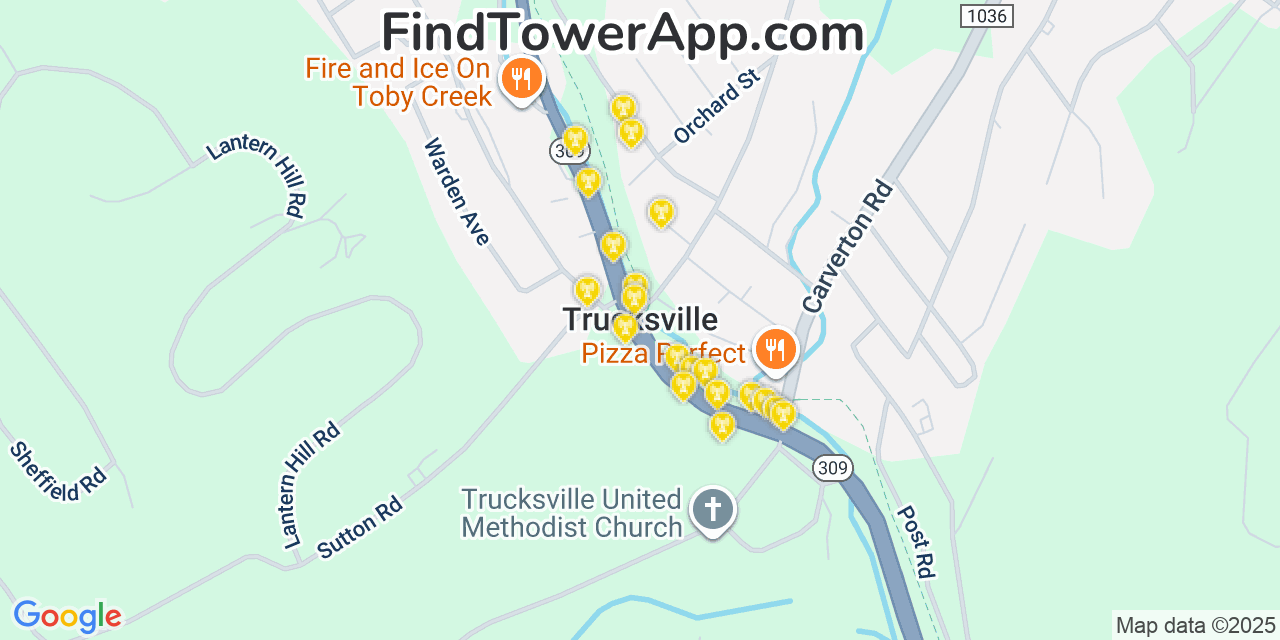 Map showing the 20 primary cell tower locations detected in Trucksville, Pennsylvania from AT&T, Verizon, and T-Mobile networks