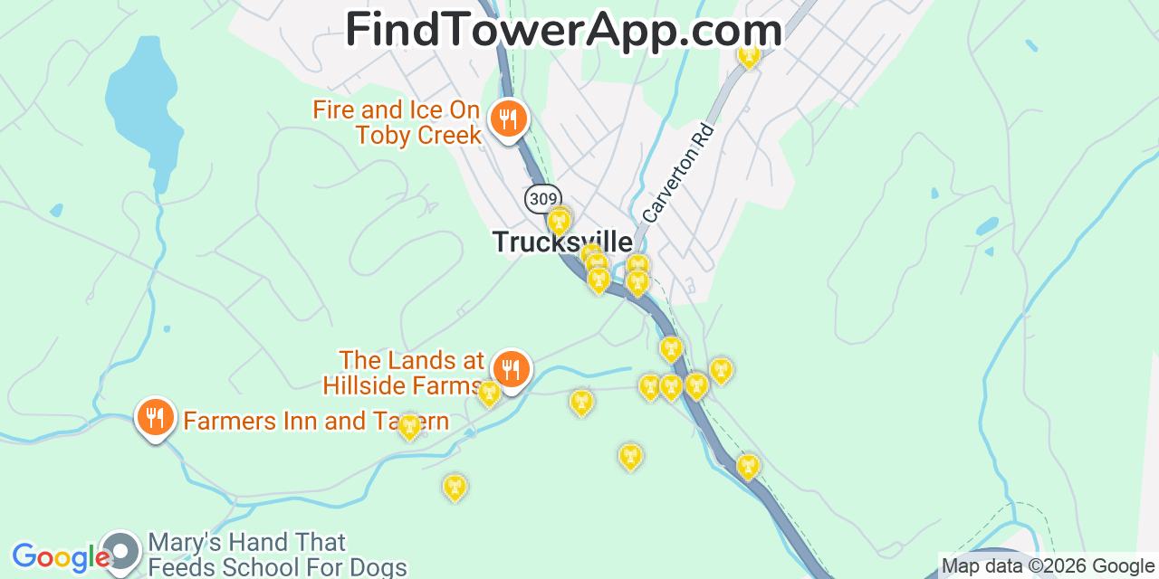 Map showing the 20 primary cell tower locations detected in Trucksville, Pennsylvania from AT&T, Verizon, and T-Mobile networks