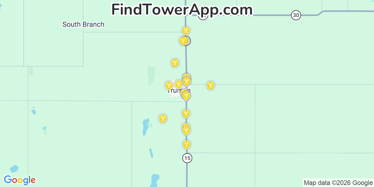 Map showing the 20 primary cell tower locations detected in Truman, Minnesota from AT&T, Verizon, and T-Mobile networks