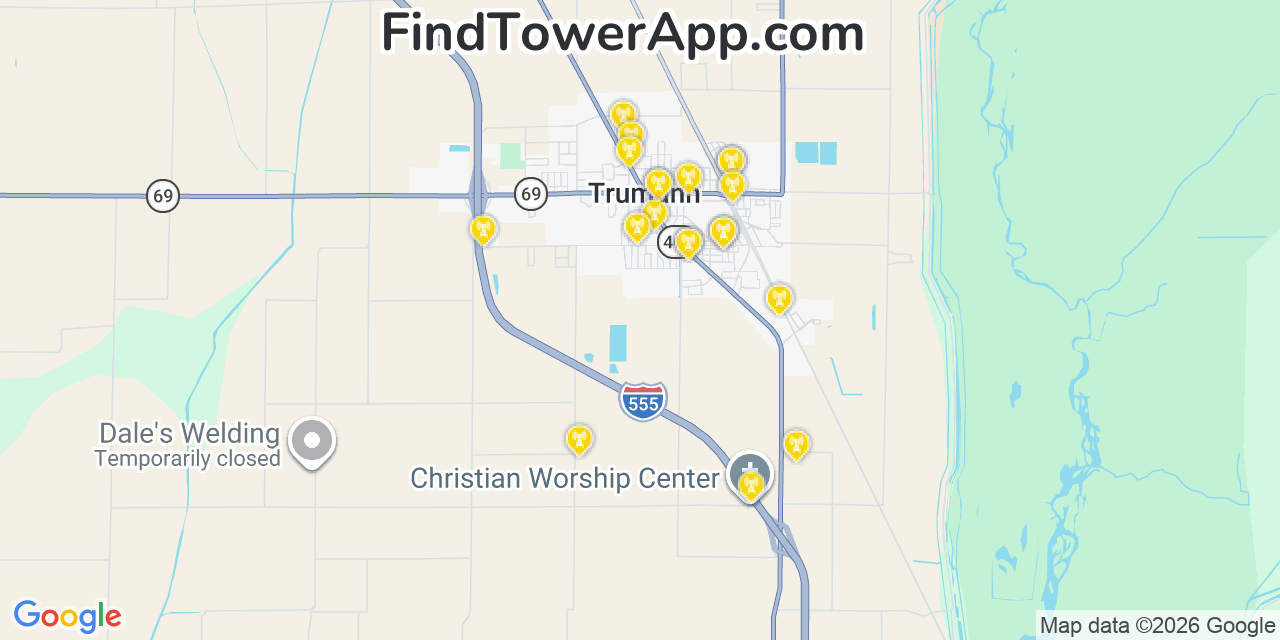 Map showing the 20 primary cell tower locations detected in Trumann, Arkansas from AT&T, Verizon, and T-Mobile networks