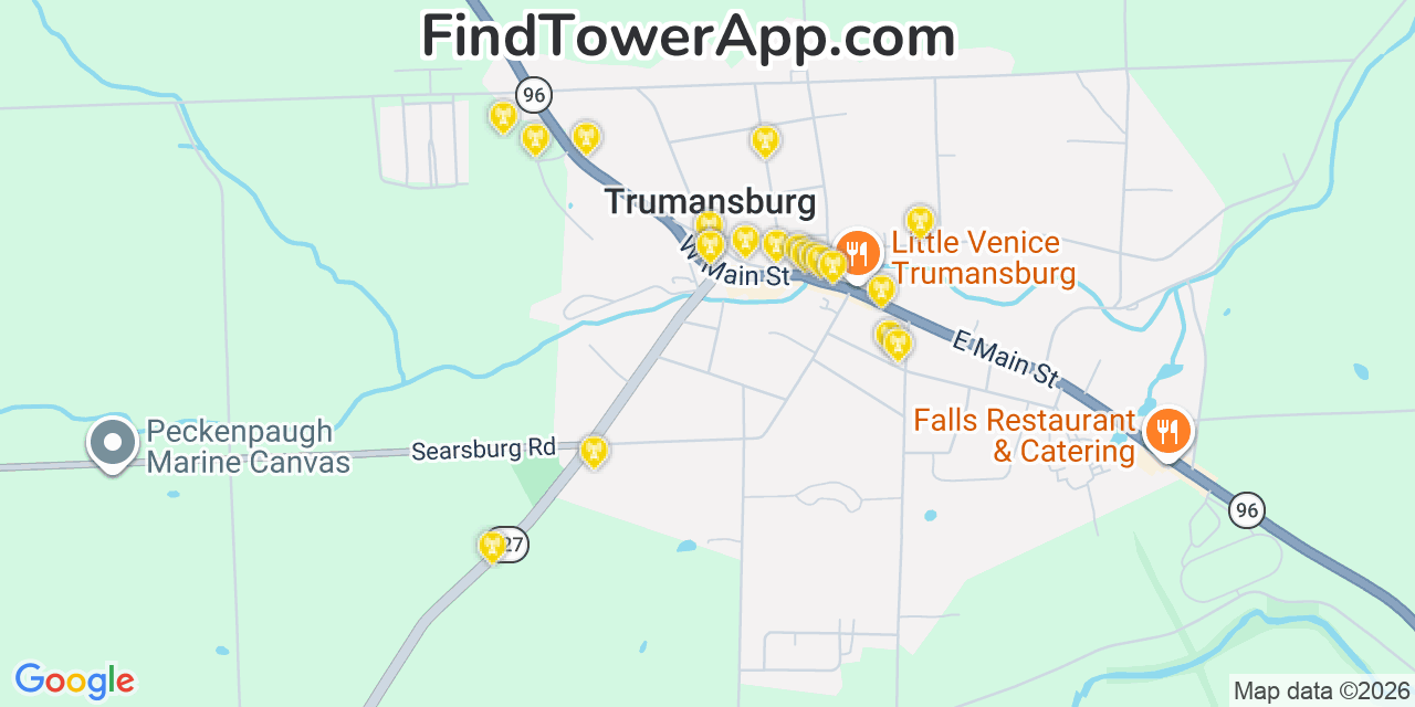 Map showing the 20 primary cell tower locations detected in Trumansburg, New York from AT&T, Verizon, and T-Mobile networks