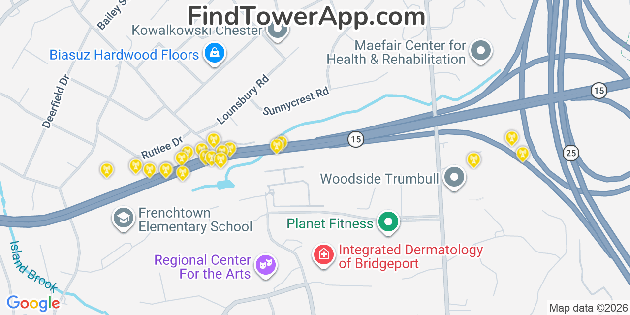 Map showing the 20 primary cell tower locations detected in Trumbull, Connecticut from AT&T, Verizon, and T-Mobile networks