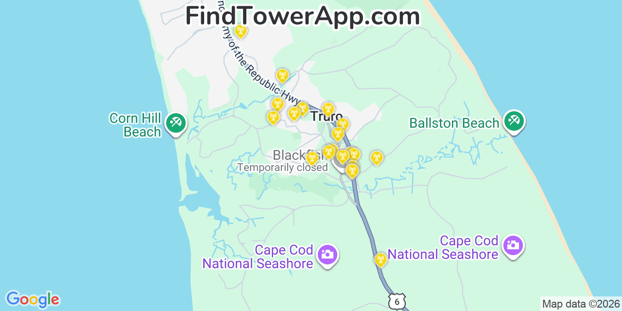 Map showing the 20 primary cell tower locations detected in Truro, Massachusetts from AT&T, Verizon, and T-Mobile networks