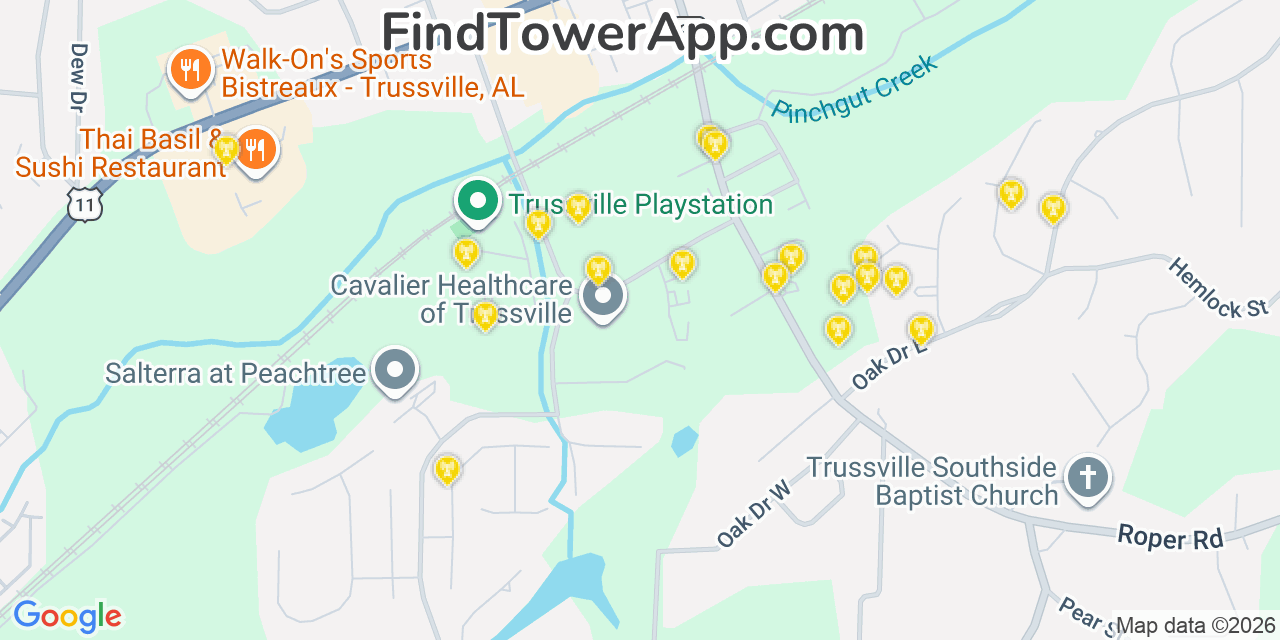 Map showing the 20 primary cell tower locations detected in Trussville, Alabama from AT&T, Verizon, and T-Mobile networks