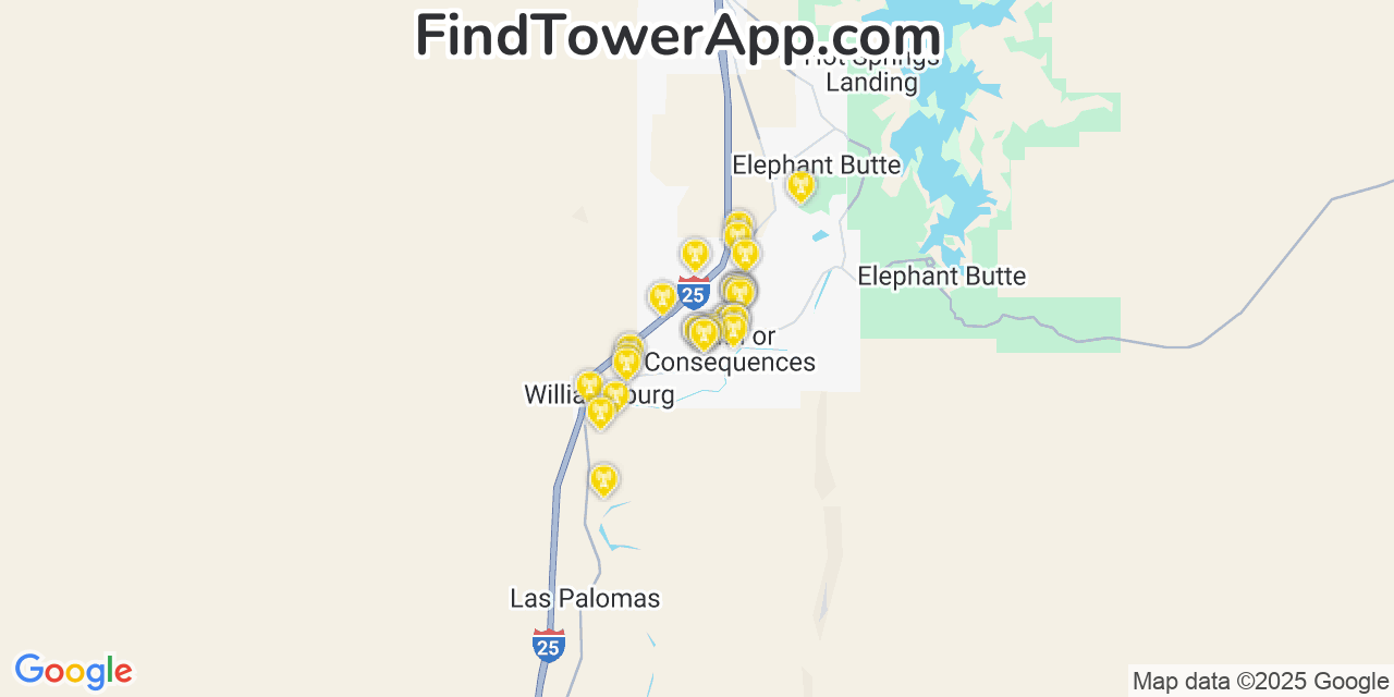 Map showing the 31 primary AT&T cell tower locations detected in Truth Or Consequences, New Mexico with coverage radius and signal strength indicators