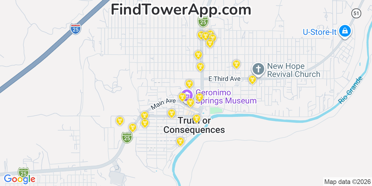 Map showing the 20 primary cell tower locations detected in Truth Or Consequences, New Mexico from AT&T, Verizon, and T-Mobile networks
