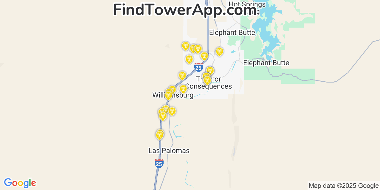 Map showing the 23 primary T-Mobile cell tower locations detected in Truth Or Consequences, New Mexico with coverage radius and signal strength indicators