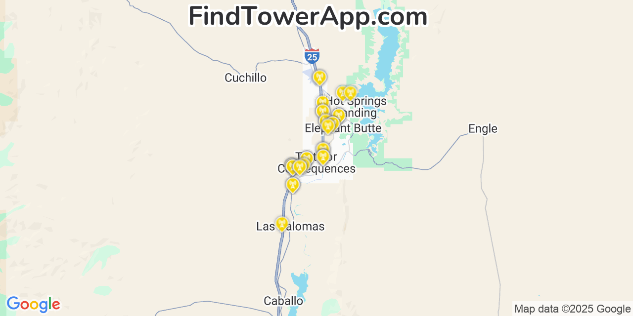 Map showing the 33 primary Verizon cell tower locations detected in Truth Or Consequences, New Mexico with coverage radius and signal strength indicators