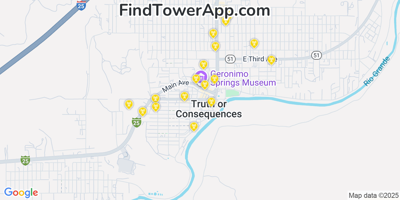 Map showing the 20 primary cell tower locations detected in Truth or Consequences, New Mexico from AT&T, Verizon, and T-Mobile networks