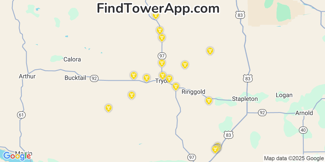 Map showing the 20 primary cell tower locations detected in Tryon, Nebraska from AT&T, Verizon, and T-Mobile networks