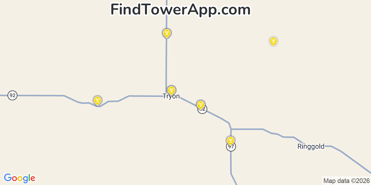 Map showing the 20 primary cell tower locations detected in Tryon, Nebraska from AT&T, Verizon, and T-Mobile networks