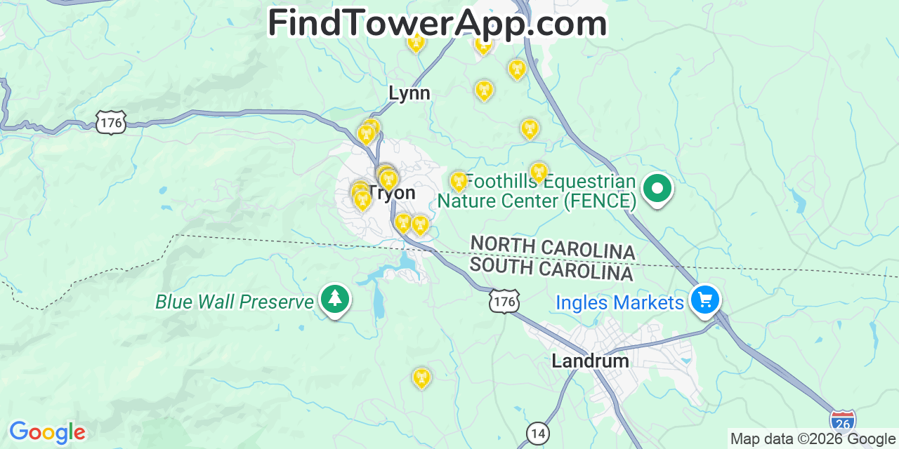 Map showing the 20 primary cell tower locations detected in Tryon, North Carolina from AT&T, Verizon, and T-Mobile networks