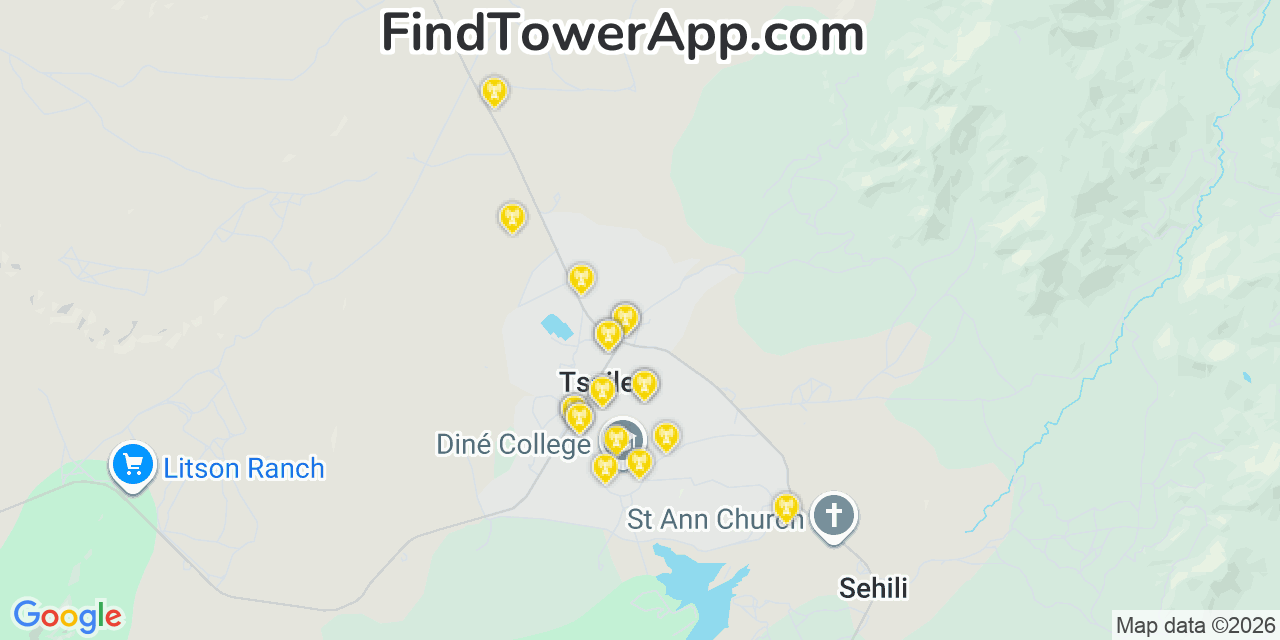 Map showing the 20 primary cell tower locations detected in Tsaile, Arizona from AT&T, Verizon, and T-Mobile networks