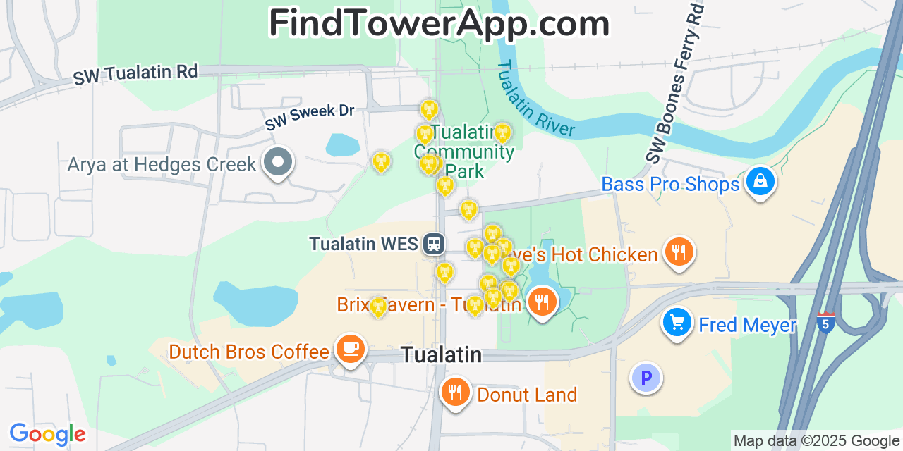 Map showing the 20 primary cell tower locations detected in Tualatin, Oregon from AT&T, Verizon, and T-Mobile networks