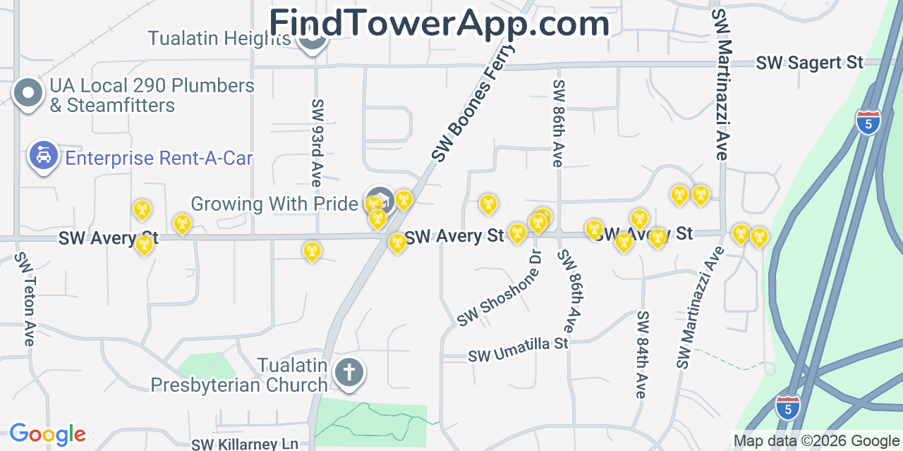 Map showing the 20 primary cell tower locations detected in Tualatin, Oregon from AT&T, Verizon, and T-Mobile networks