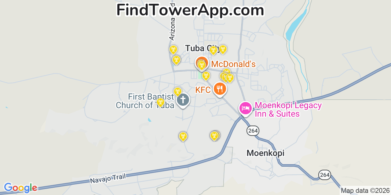Map showing the 20 primary cell tower locations detected in Tuba City, Arizona from AT&T, Verizon, and T-Mobile networks