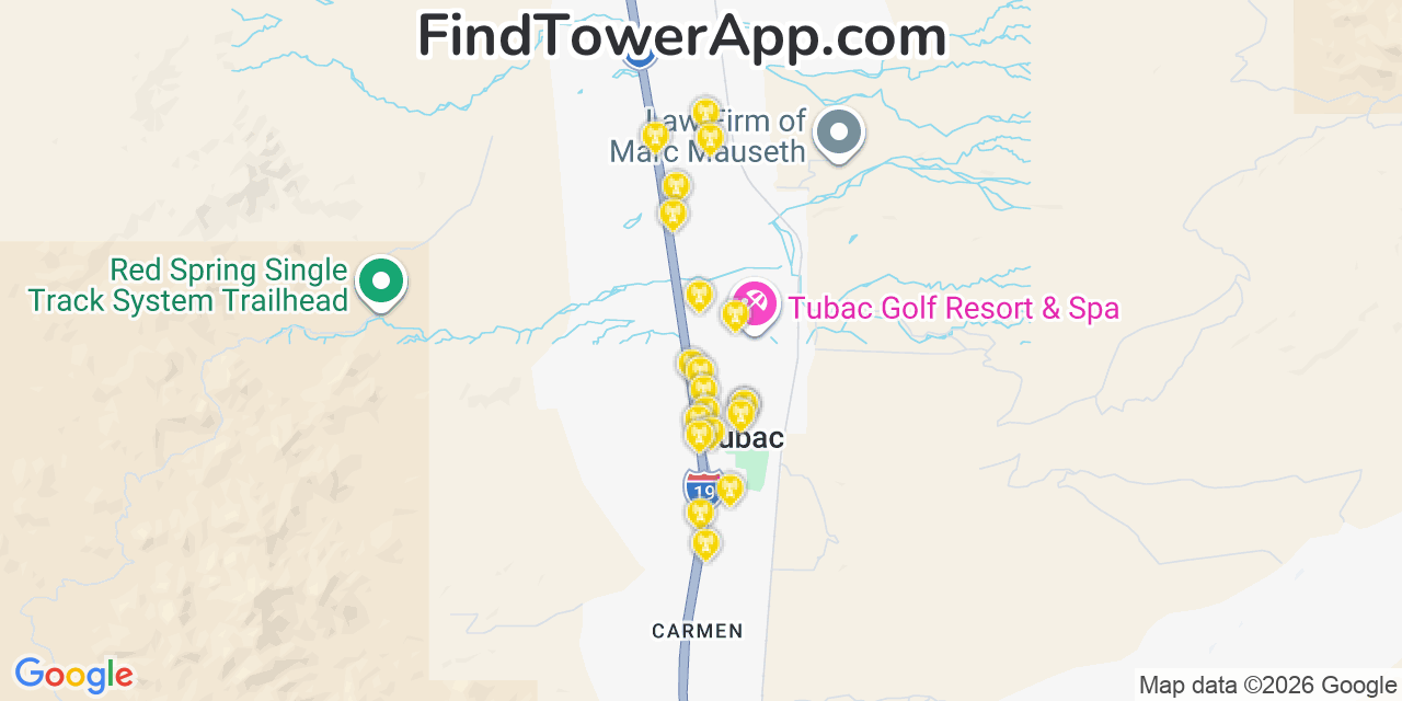 Map showing the 20 primary cell tower locations detected in Tubac, Arizona from AT&T, Verizon, and T-Mobile networks