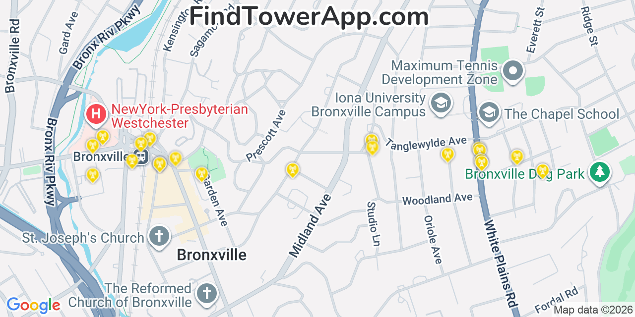 Map showing the 20 primary cell tower locations detected in Tuckahoe, New York from AT&T, Verizon, and T-Mobile networks