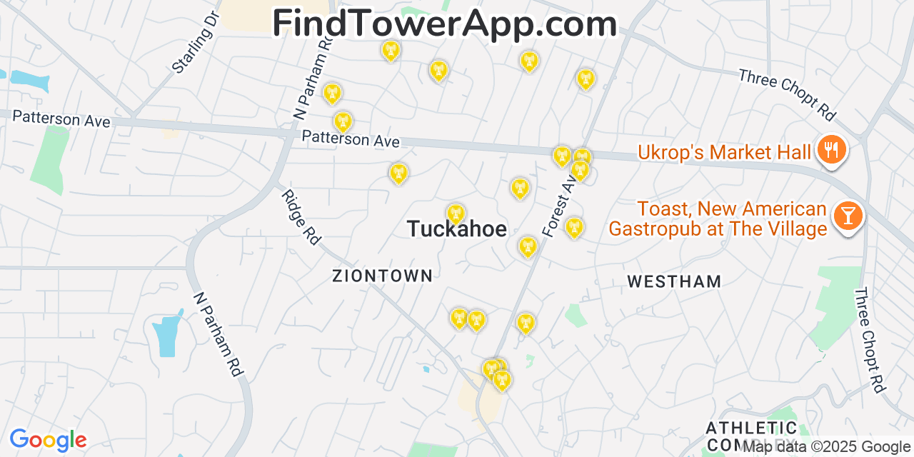 Map showing the 20 primary cell tower locations detected in Tuckahoe, Virginia from AT&T, Verizon, and T-Mobile networks