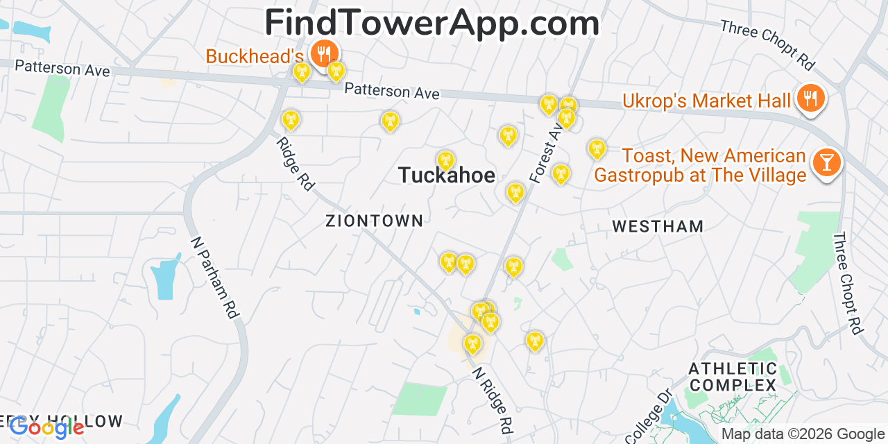 Map showing the 20 primary cell tower locations detected in Tuckahoe, Virginia from AT&T, Verizon, and T-Mobile networks