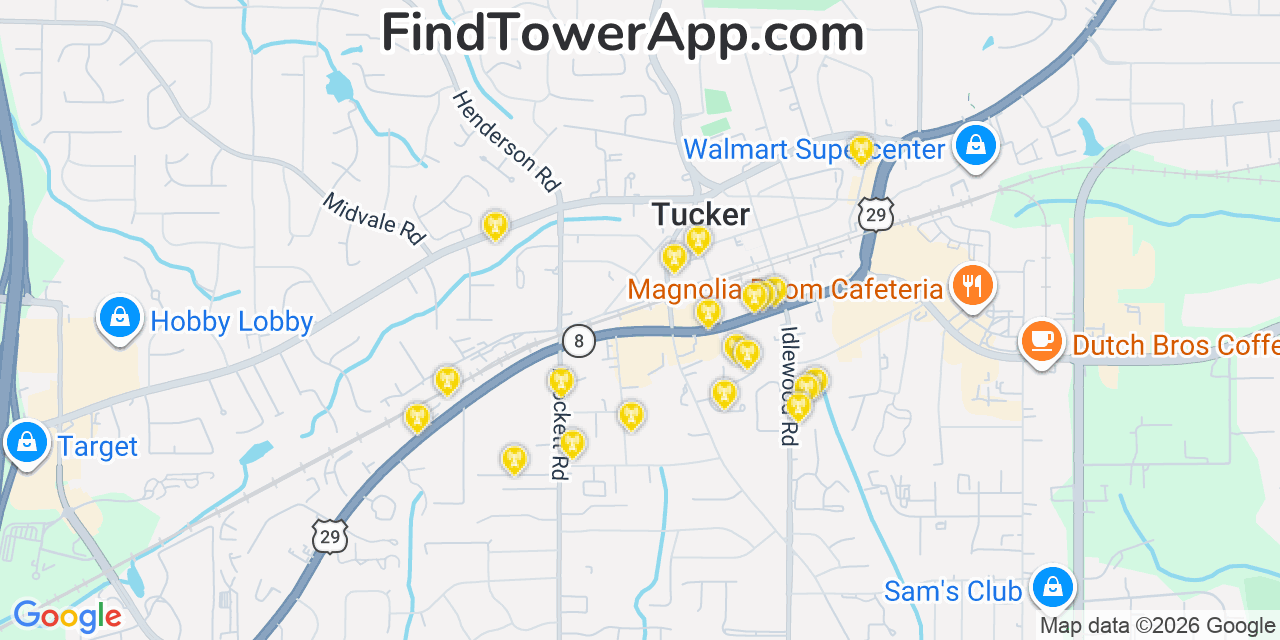 Map showing the 20 primary cell tower locations detected in Tucker, Georgia from AT&T, Verizon, and T-Mobile networks