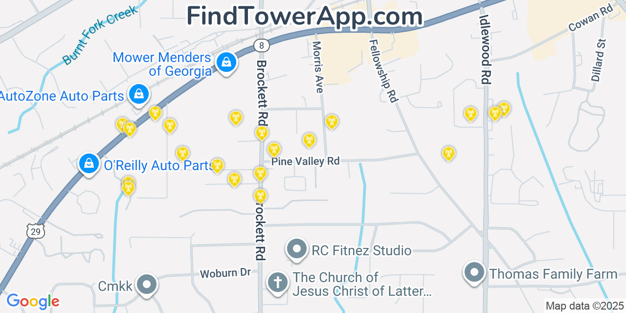 Map showing the 20 primary Mobitel cell tower locations detected in Tucker, Georgia with coverage radius and signal strength indicators