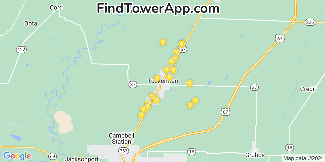 AT&T 4G/5G cell tower coverage map Tuckerman, Arkansas