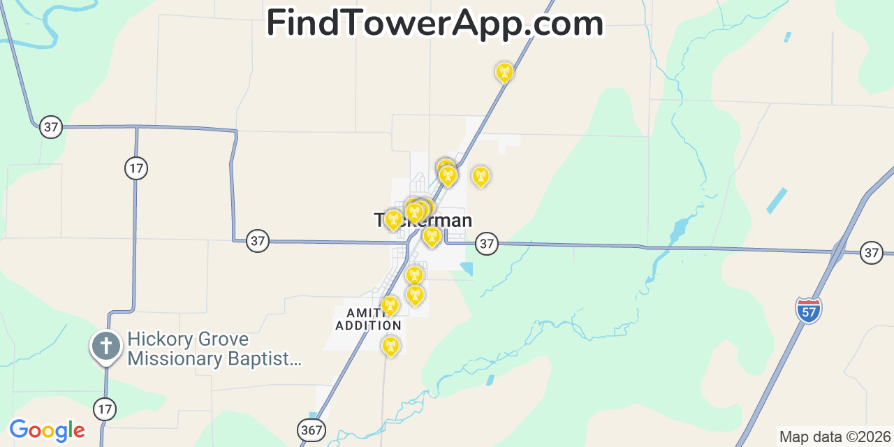 Map showing the 20 primary cell tower locations detected in Tuckerman, Arkansas from AT&T, Verizon, and T-Mobile networks