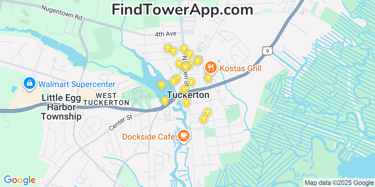 Map showing the 20 primary cell tower locations detected in Tuckerton, New Jersey from AT&T, Verizon, and T-Mobile networks