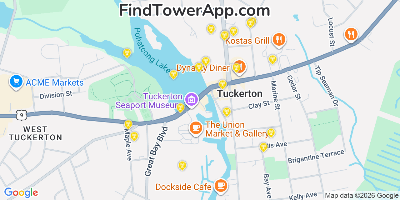 Map showing the 20 primary cell tower locations detected in Tuckerton, New Jersey from AT&T, Verizon, and T-Mobile networks