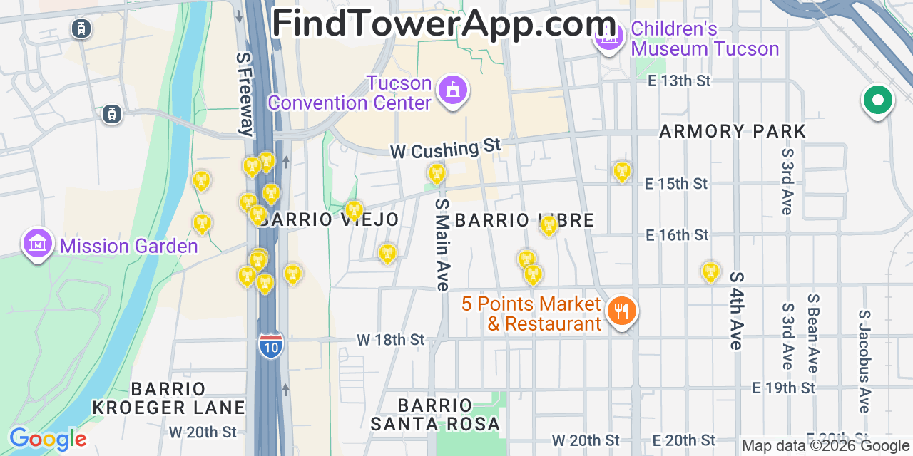 Map showing the 20 primary cell tower locations detected in Tucson, Arizona from AT&T, Verizon, and T-Mobile networks