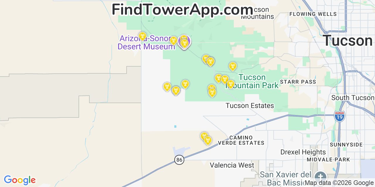 Map showing the 20 primary cell tower locations detected in Tucson Estates, Arizona from AT&T, Verizon, and T-Mobile networks
