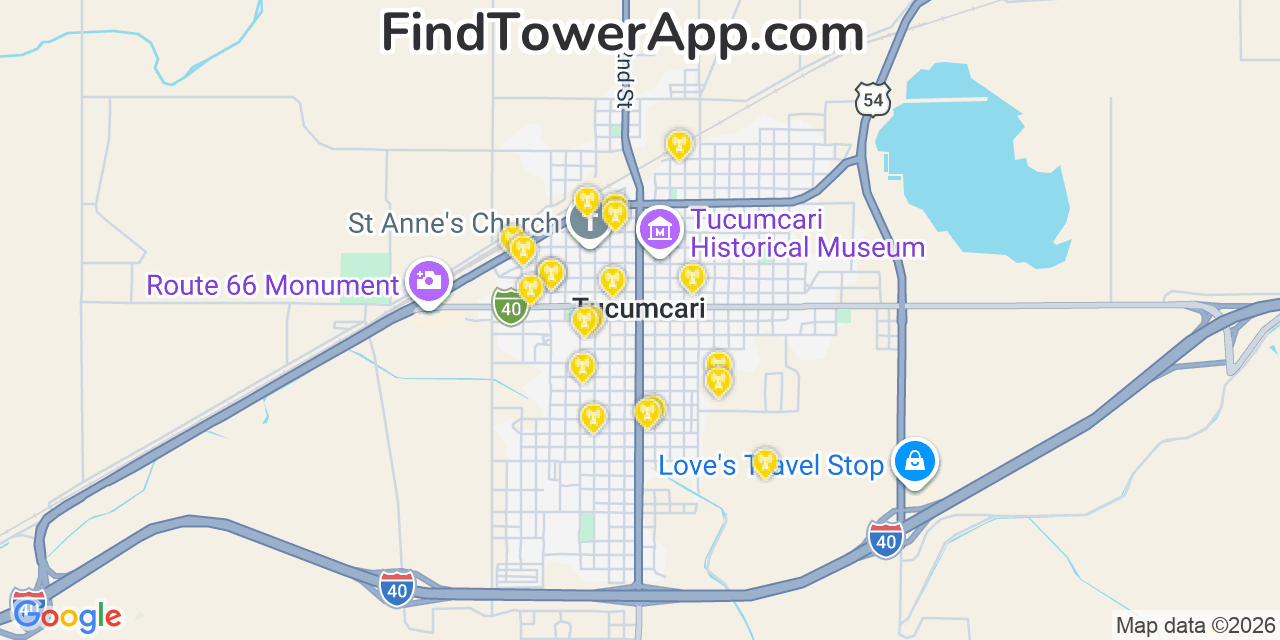 Map showing the 20 primary cell tower locations detected in Tucumcari, New Mexico from AT&T, Verizon, and T-Mobile networks