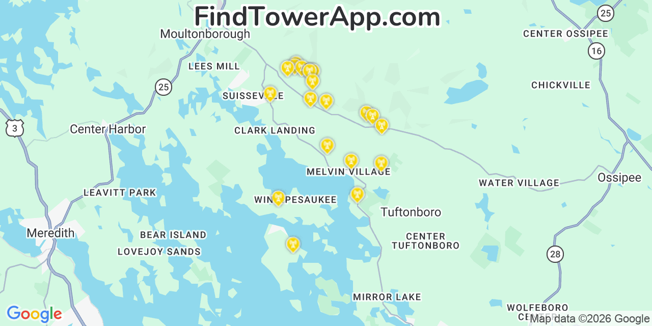 Map showing the 20 primary cell tower locations detected in Tuftonboro, New Hampshire from AT&T, Verizon, and T-Mobile networks
