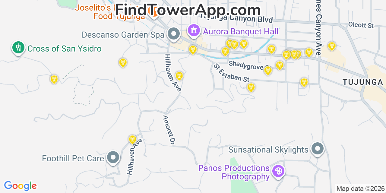 Map showing the 20 primary cell tower locations detected in Tujunga, California from AT&T, Verizon, and T-Mobile networks