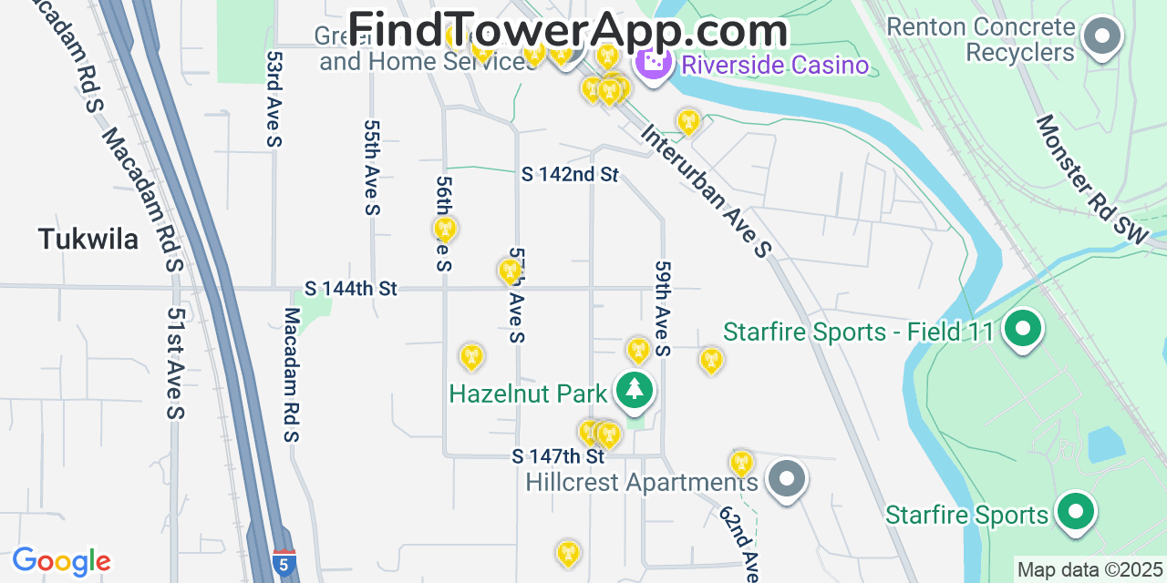 Map showing the 20 primary cell tower locations detected in Tukwila, Washington from AT&T, Verizon, and T-Mobile networks