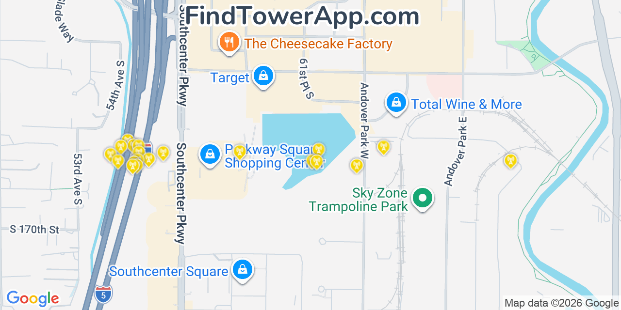 Map showing the 20 primary cell tower locations detected in Tukwila, Washington from AT&T, Verizon, and T-Mobile networks