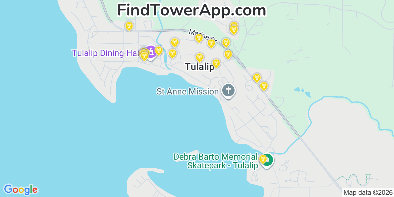 Map showing the 20 primary cell tower locations detected in Tulalip Bay, Washington from AT&T, Verizon, and T-Mobile networks