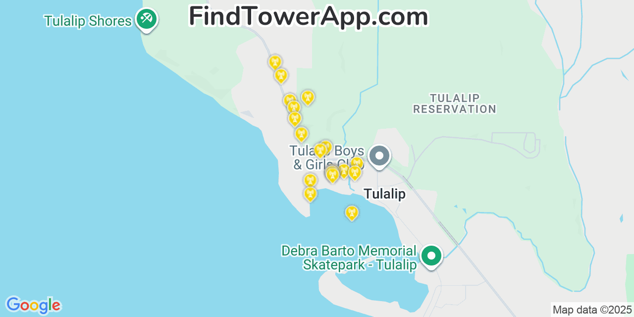 Map showing the 20 primary cell tower locations detected in Tulalip, Washington from AT&T, Verizon, and T-Mobile networks