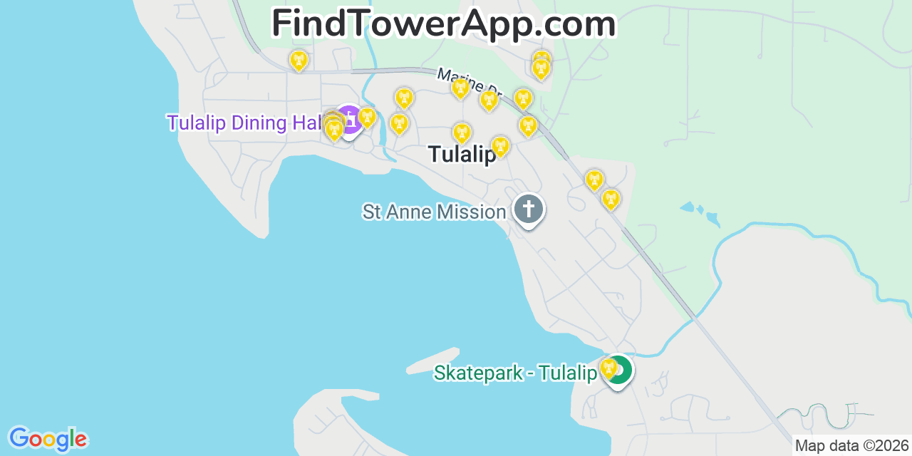 Map showing the 20 primary cell tower locations detected in Tulalip, Washington from AT&T, Verizon, and T-Mobile networks