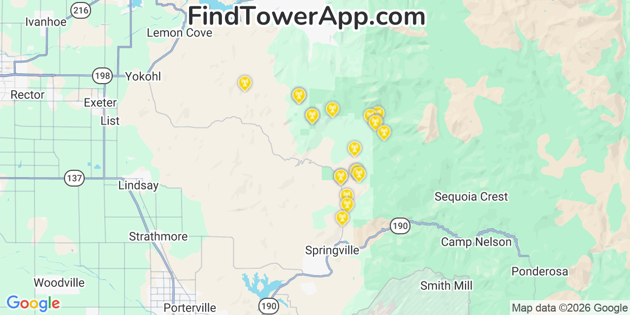 Map showing the 20 primary cell tower locations detected in Tulare, California from AT&T, Verizon, and T-Mobile networks