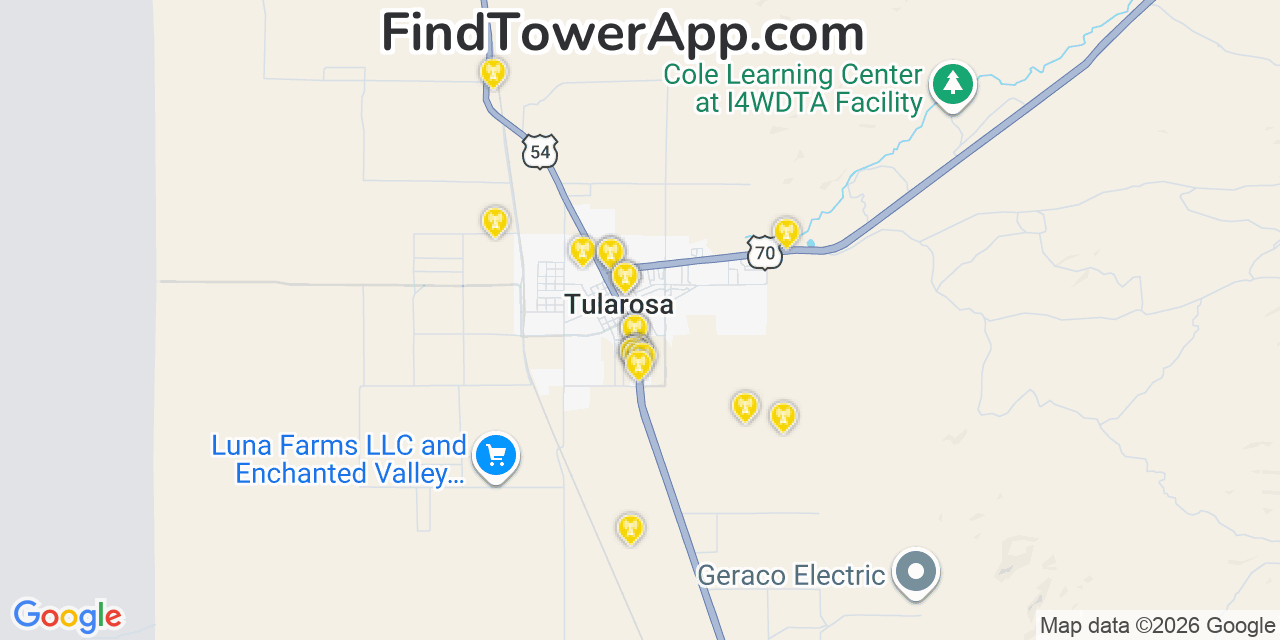 Map showing the 20 primary cell tower locations detected in Tularosa, New Mexico from AT&T, Verizon, and T-Mobile networks
