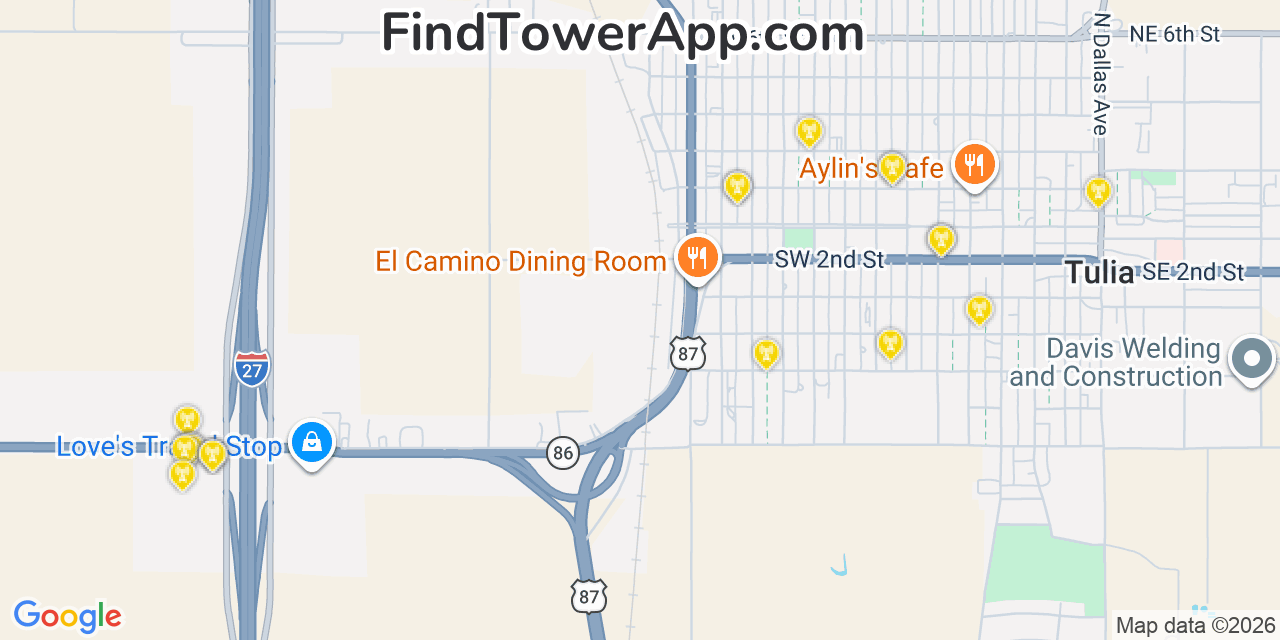 Map showing the 20 primary cell tower locations detected in Tulia, Texas from AT&T, Verizon, and T-Mobile networks