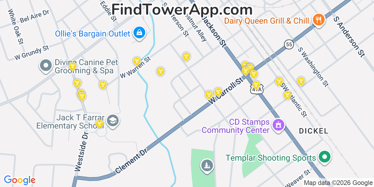 Map showing the 20 primary cell tower locations detected in Tullahoma, Tennessee from AT&T, Verizon, and T-Mobile networks